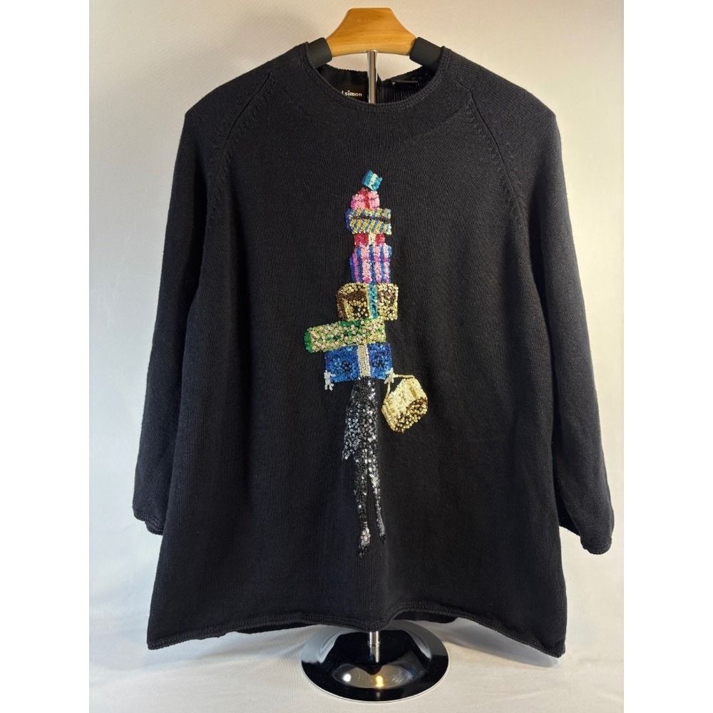 Michael Simon New York Y2K Sequin Holiday Sweater Tunic Black XL Novelty